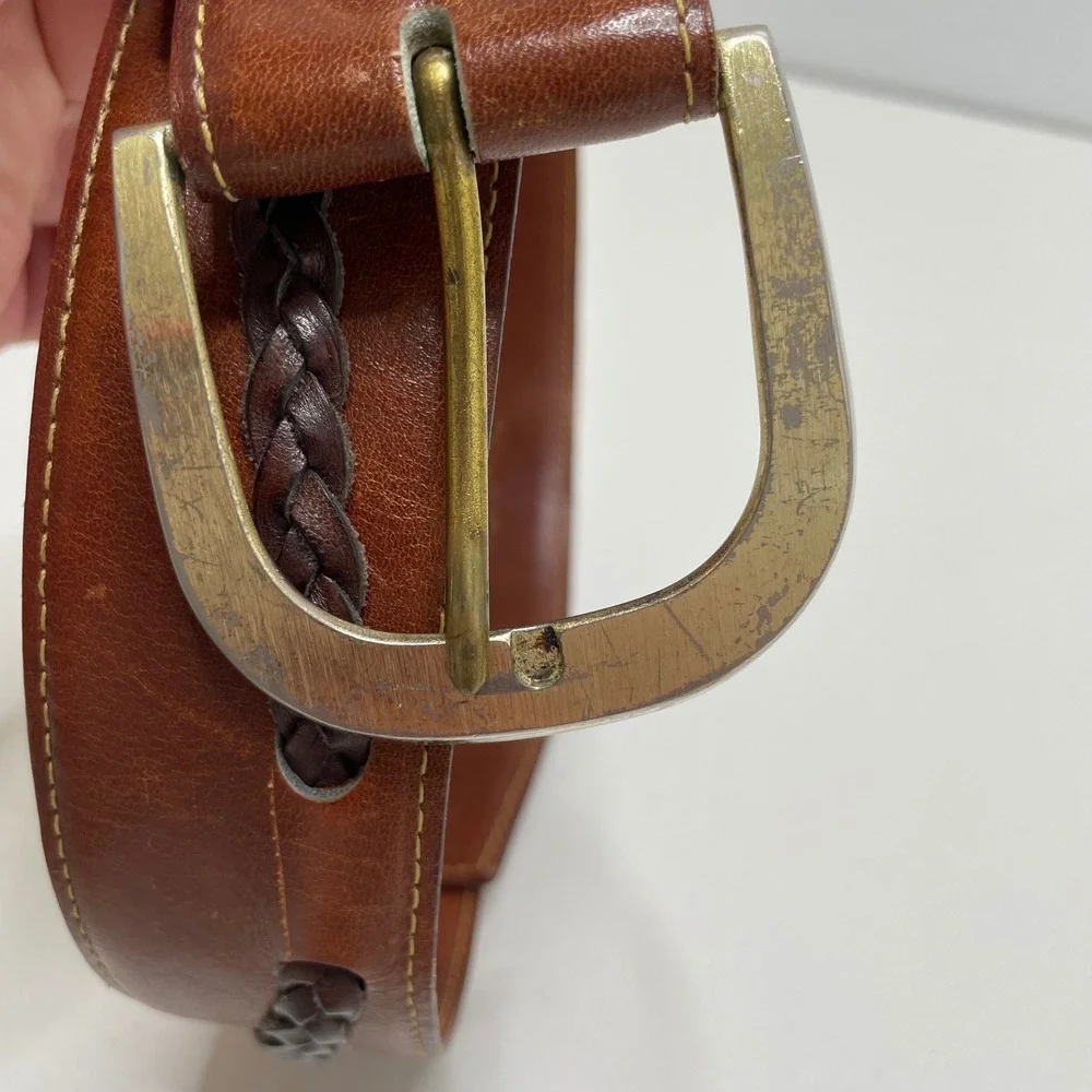 Mens‎ Brown Steerhide Leather Belt Braided Inlay 34 Western Cowboy Rodeo Country